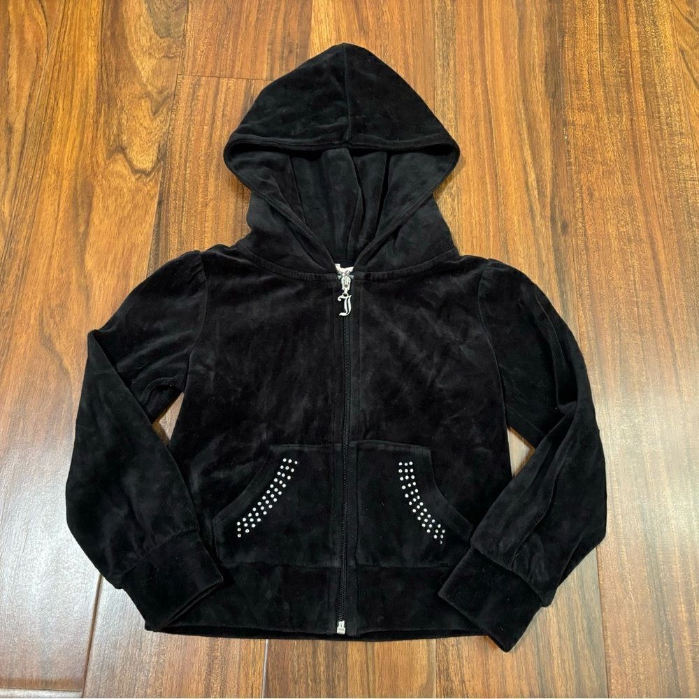Juicy Couture black velour sparkly zip up hooded sweatshirt